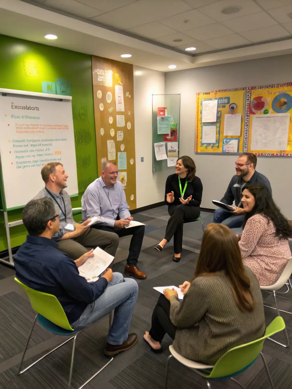 A group of professionals participating in a workshop, engaging in role-playing exercises and group discussions, focusing on industry-specific skills.