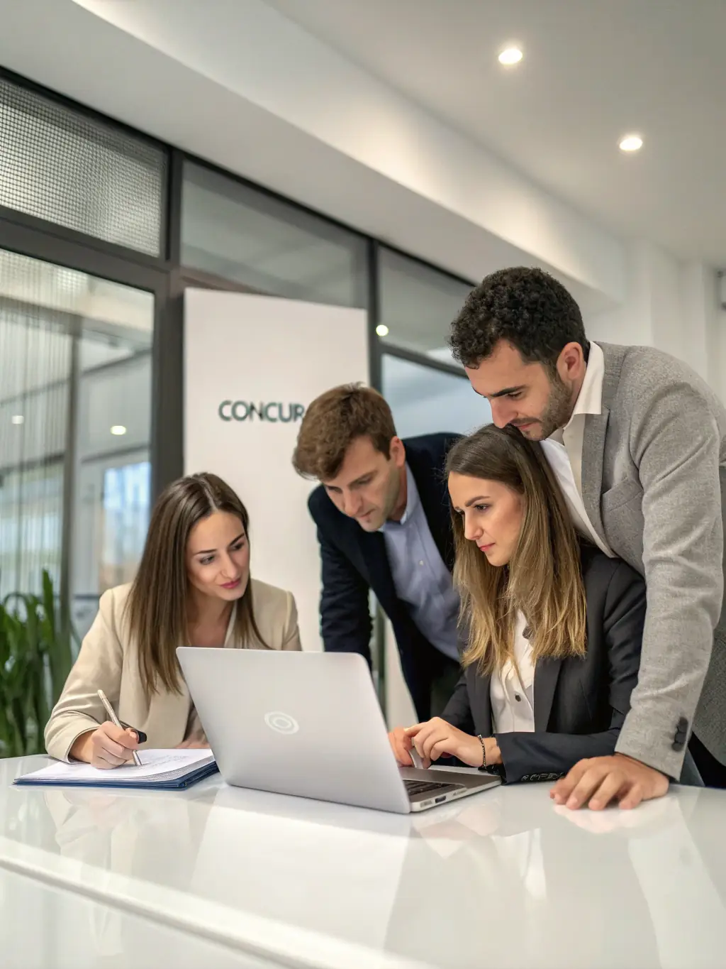 A modern office environment with employees collaborating on a project, showcasing the importance of effective communication in the workplace.