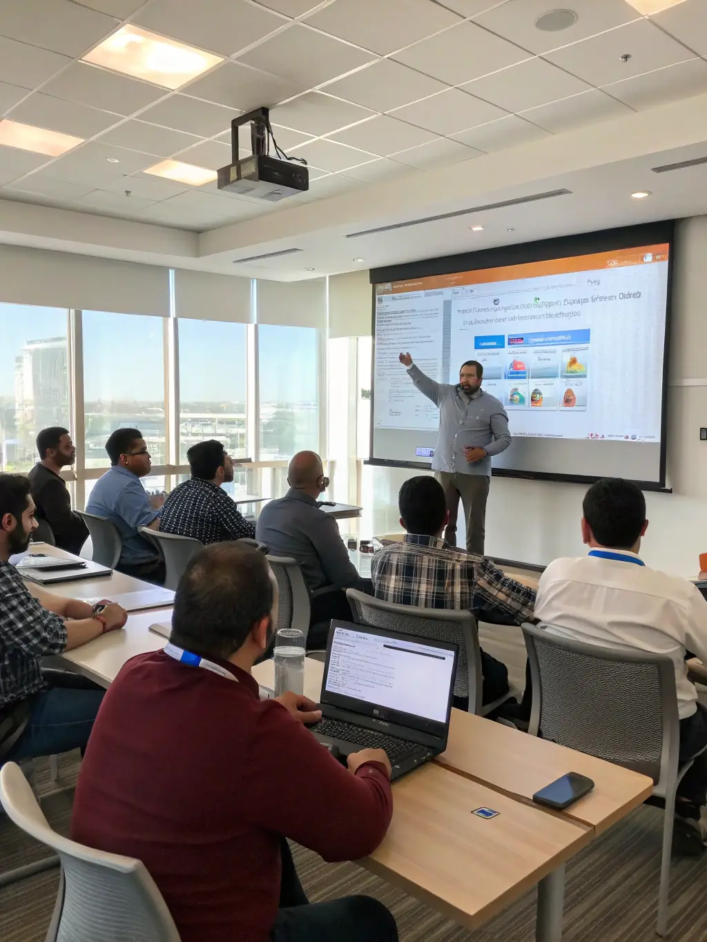 A professional classroom setting with employees engaged in a language training session, using laptops and interactive materials, focusing on business English.