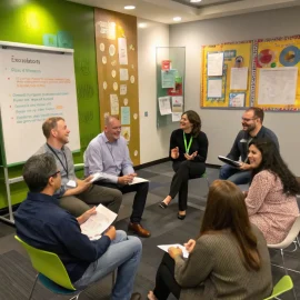 A group of professionals participating in a workshop, engaging in role-playing exercises and group discussions, focusing on industry-specific skills.