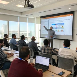 A professional classroom setting with employees engaged in a language training session, using laptops and interactive materials, focusing on business English.